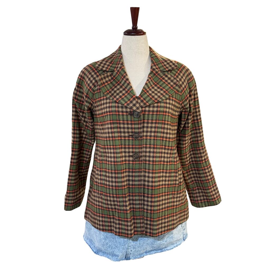 Vintage Pendleton Plaid Wool Button Up Jacket Orange Green Brown Size 10 - Picture 10 of 12